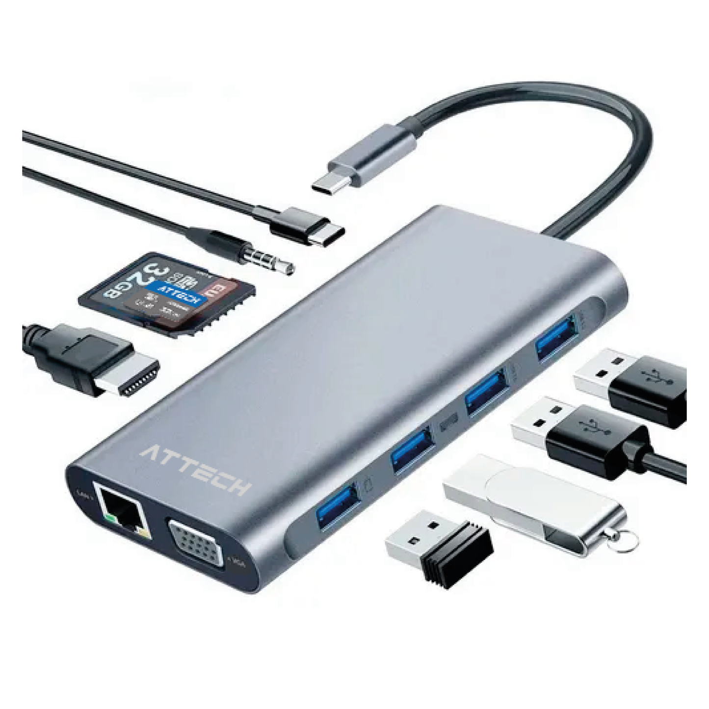 HUB Multipuertos Attech AT065 11 en 1 USB, USB-C, MICRO SD, SD, RED 1000, VGA, HDMI