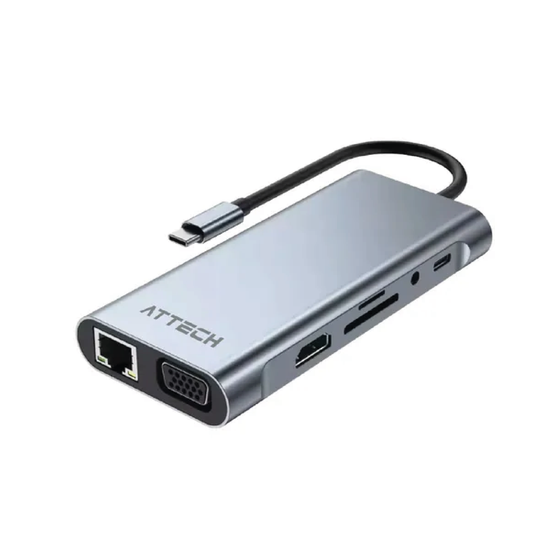 HUB Multipuertos Attech AT065 11 en 1 USB, USB-C, MICRO SD, SD, RED 1000, VGA, HDMI