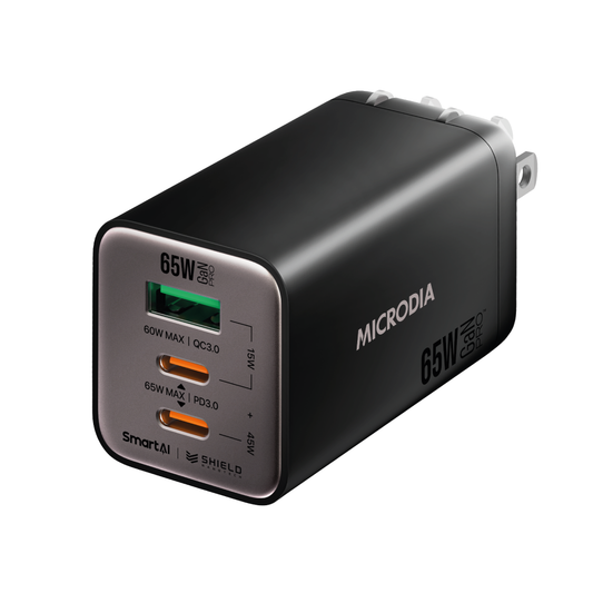 Cargador De Pared Microdia 65w 2 Usb-c + 1 Usb -A Carga Rápida