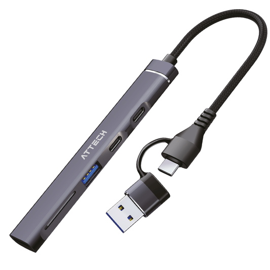 HUB Multipuertos Attech AT025 - 5 en 1 USB, USB-C, MICRO SD, SD