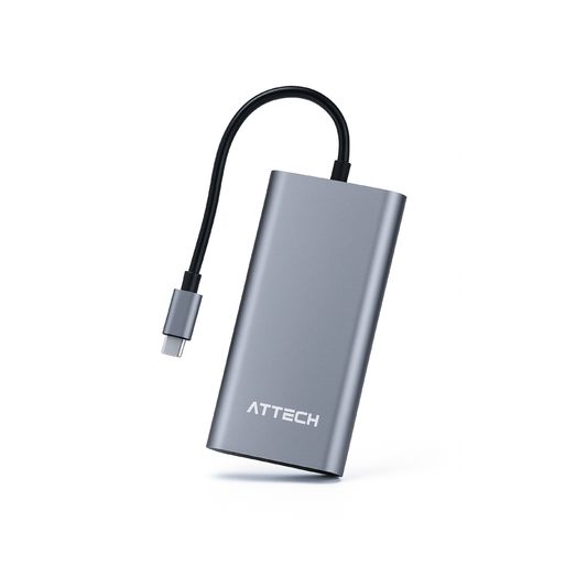 HUB Multipuertos Attech AT065 11 en 1 USB, USB-C, MICRO SD, SD, RED 1000, VGA, HDMI
