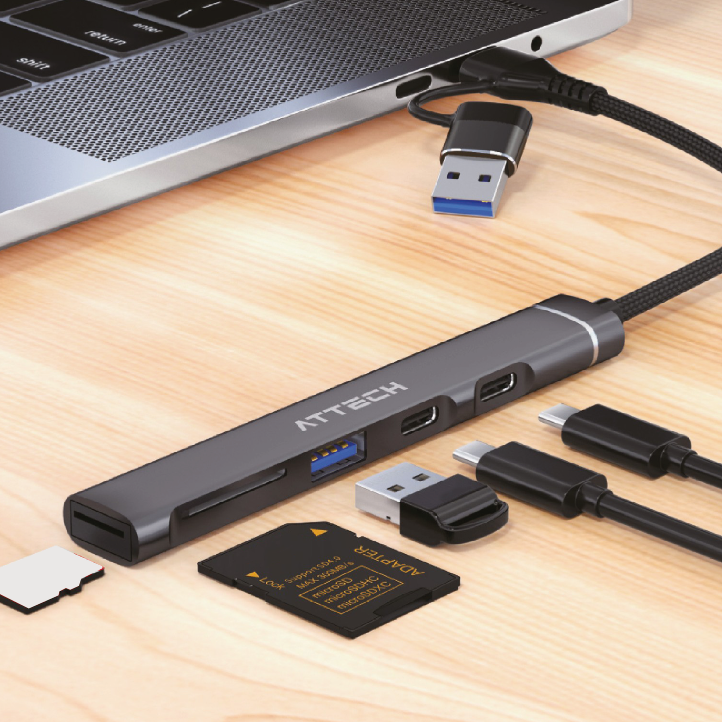 HUB Multipuertos Attech AT025 - 5 en 1 USB, USB-C, MICRO SD, SD