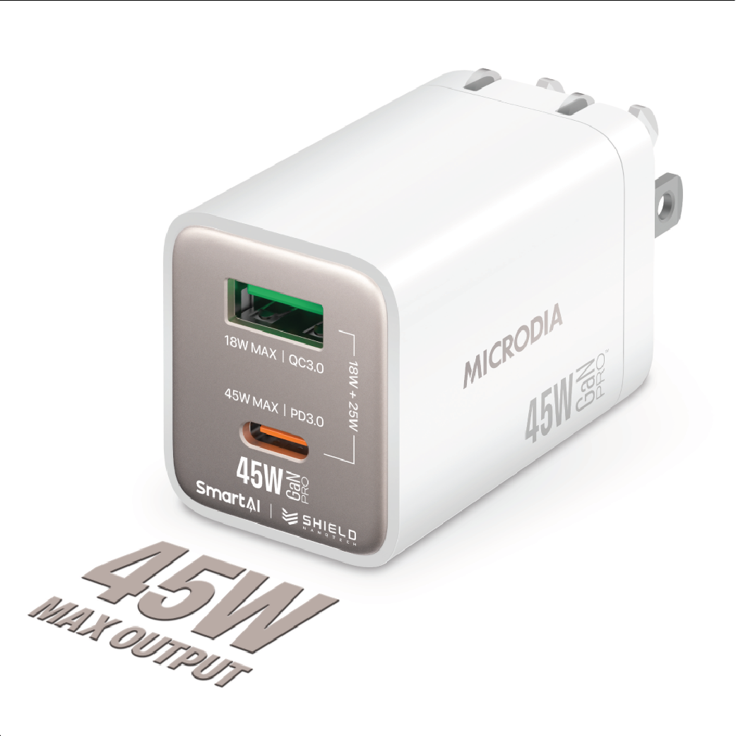 Cargador De Pared Microdia 45w 1 Usb-c + 1 Usb -A Carga Rápida