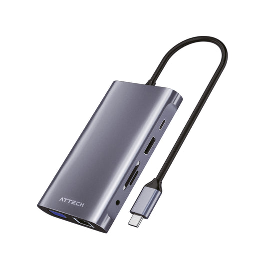 HUB Multipuertos Attech AT055 10 en 1 USB, USB-C, MICRO SD, SD, RED 1000, VGA, HDMI